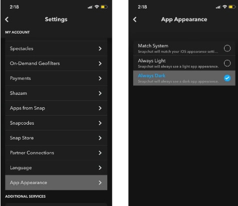 dark mode snapchat